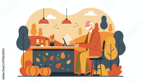 Senior man using a laptop in a cozy autumnal outdoor office setup Seasonal remote work illustration