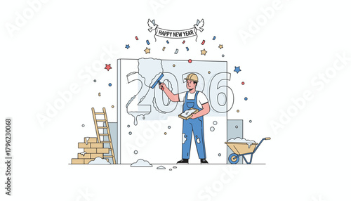 Building 2026 Worker applies plaster to signify new beginnings progress and future construction