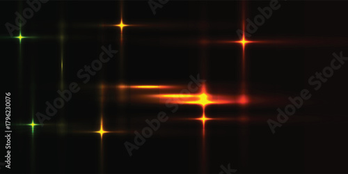 Abstract background with glowing star-like lights and lens flares on a dark grid.