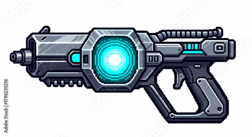 Pixel art futuristic laser gun with glowing blue energy core.