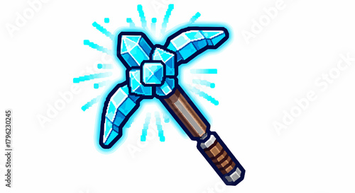 A glowing blue crystal pickaxe with a wooden handle, sparkling with magical energy.
