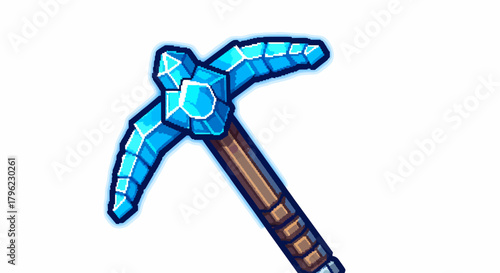 A vibrant blue diamond pickaxe with a wooden handle, glowing with a bright aura, set against a clean white background.