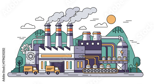 Line art illustration of a factory emitting smoke symbolizing industry production and pollution