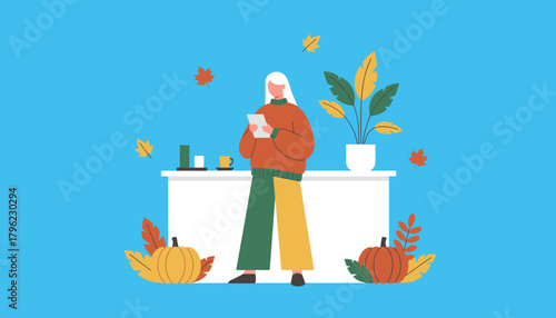 Cozy autumn productivity Woman uses a tablet near pumpkins and fall decor in a flat design illustration