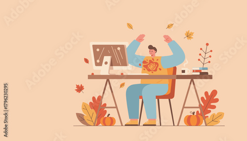 Celebrating remote work success at an autumnthemed desk with computer and falling leaves