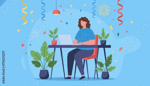 Virtual office celebration Remote worker on laptop in festive setting with confetti and plants