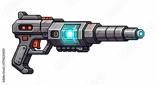 Pixel art style futuristic energy weapon with glowing blue core and metallic details.