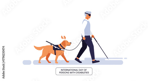 International Day of Persons with Disabilities An illustration of a blind person walking with guide dog and white cane, symbolizing independence, support, and accessibility