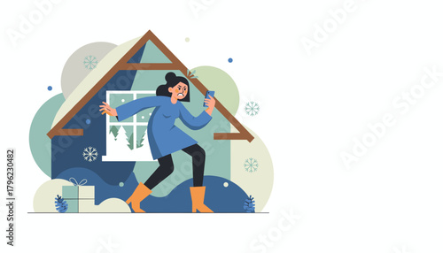 Angry woman struggles with poor phone signal during winter vacation at a cozy house