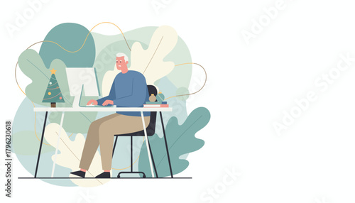 Senior man working on computer during Christmas holidays Remote work stress