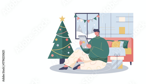 Man relaxing in cozy clothes using a tablet next to a Christmas tree and gifts on a winter day