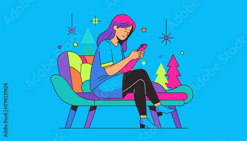 Vibrant illustration of a woman texting on a modern bench with colorful Christmas trees