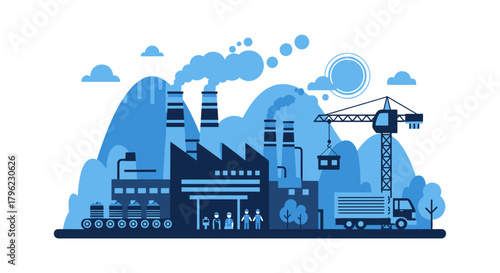 Industrial manufacturing factory operations illustration with workers crane and logistics