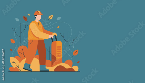 Worker cleaning autumn leaves with machinery Fall yard maintenance service illustration