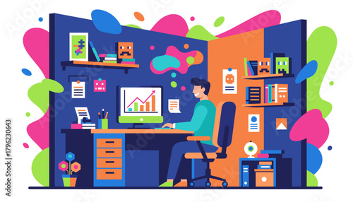 Man working on desktop computer with growth charts in a modern colorful office