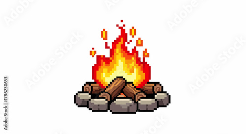 Pixel art illustration of a vibrant campfire with logs and stones, featuring orange and yellow flames.