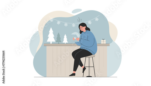 Depressed woman sits alone using a tablet during the Christmas season dealing with anxiety