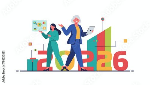 Team planning 2026 growth Senior and junior businesswomen collaborating on strategy