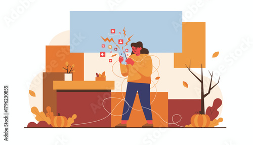 Frustrated woman overwhelmed by social media notifications and digital stress in a modern autumnal illustration