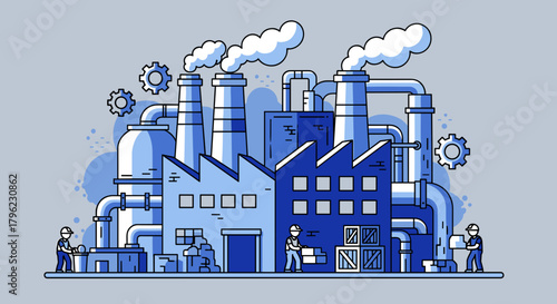 Industrial factory illustration with workers smokestacks pipes and machinery gears Manufacturing concept