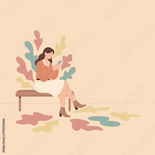Stylish woman sitting on a bench using a phone surrounded by abstract pastel leaves Digital lifestyle illustration