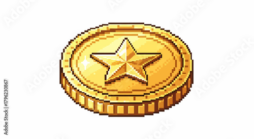 Detailed pixel art golden coin with a prominent star emblem, rendered with a distinct retro aesthetic.