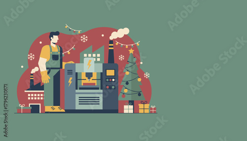 Industrial worker and machinery decorated for Christmas Manufacturing during the festive season