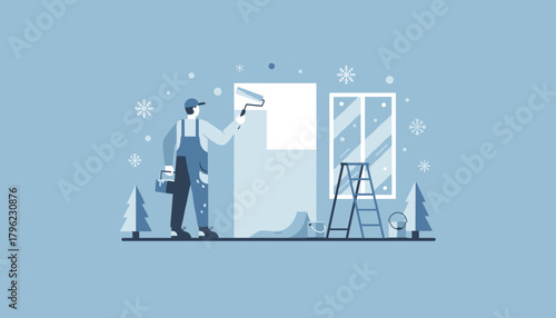 Professional painter renovates interior wall during winter Home improvement and maintenance service