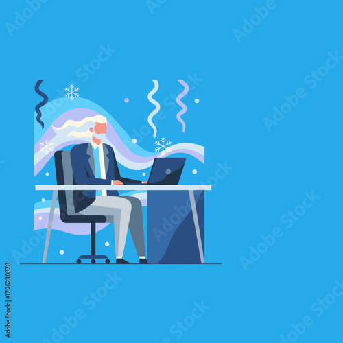 Senior businessman works on laptop in a professional winter setting with abstract snowflakes
