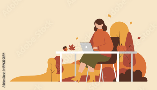 Remote work in autumn nature Woman using laptop outdoors with fall foliage and seasonal decor