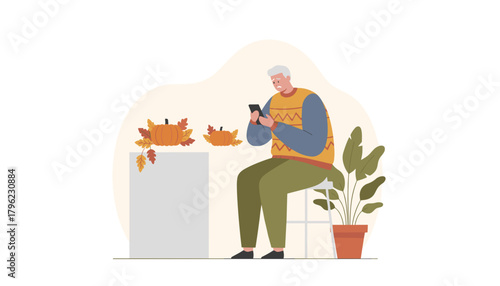 Senior man using smartphone near autumn decor pumpkins and leaves at home Vector illustration