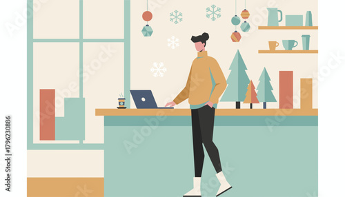 Cozy winter remote work scene Person using laptop in a cafe with holiday decorations