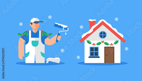 Christmas home repair service Painter with holly decorating a snowy house Holiday maintenance