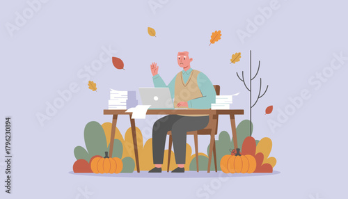 Stressed senior man working on laptop with piles of documents in an autumn office setting