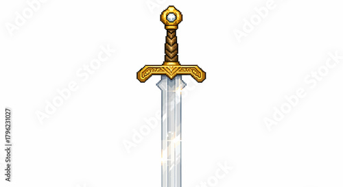 Ornate golden hilt sword with a shining silver blade against a white background.