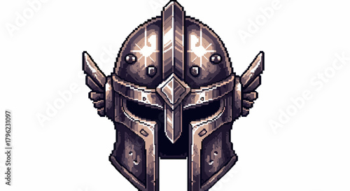 Detailed pixel art illustration of a metallic winged fantasy helmet with a prominent crest, rendered in a retro game style.