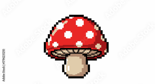 Vibrant pixel art illustration of a red and white spotted mushroom, resembling a classic video game icon, set against a plain background.