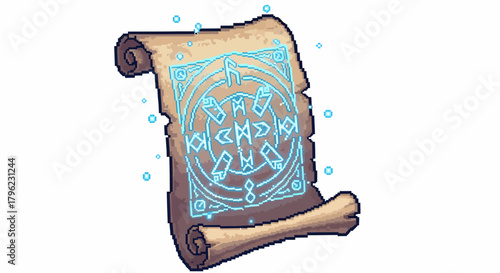 A pixel art illustration of an ancient magical scroll with glowing blue runes and mystical symbols, unfurled and radiating arcane energy.