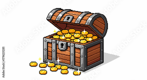 A pixel art illustration of an open wooden treasure chest overflowing with shiny gold coins, with some coins scattered around its base.