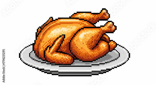 Pixel art illustration of a golden brown whole roasted chicken served on a white plate, ready to eat.