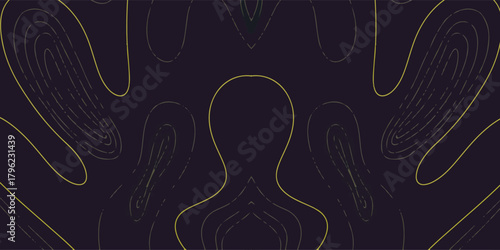Abstract symmetrical pattern of golden topographic lines on a dark purple background.