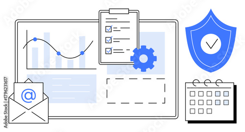 Analytics dashboard with graph, checklist on clipboard, email icon, shield with checkmark, and calendar. Ideal for data management, productivity, security, email organization task tracking