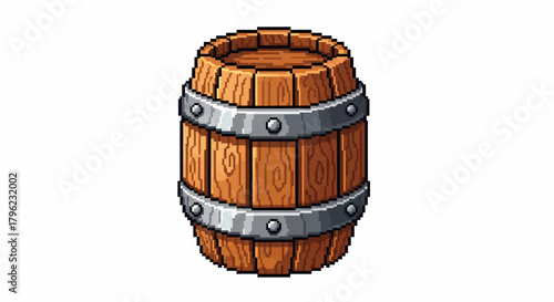 Pixel art wooden barrel with metal bands on a white background, often used in video games.