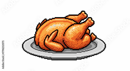 Pixel art illustration of a whole roasted golden brown chicken on a grey plate.