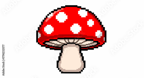 Pixelated red mushroom with white spots on a light stem.