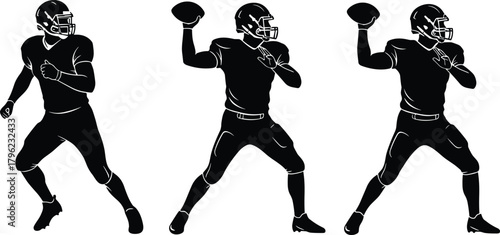 American football quarterback silhouette set throwing ball in action poses, athlete sports illustration for training, competition, gameplay, fitness and vector design