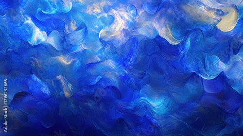 Abstract painting of swirling blues and lights.