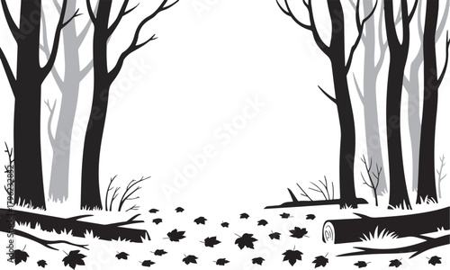 Autumn season forest background with black silhouette trees and fallen leaves