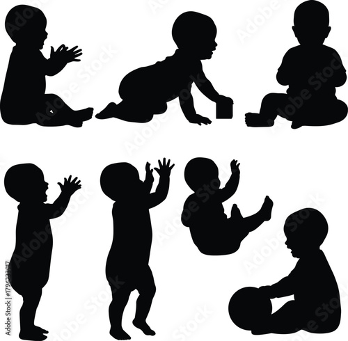 Baby silhouette set, infant poses, black and white art, early development, playful movement, crawling, sitting, standing, toddler activity, growth stages