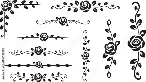 Black ornamental floral decorative border frame element set for scrapbook page decor